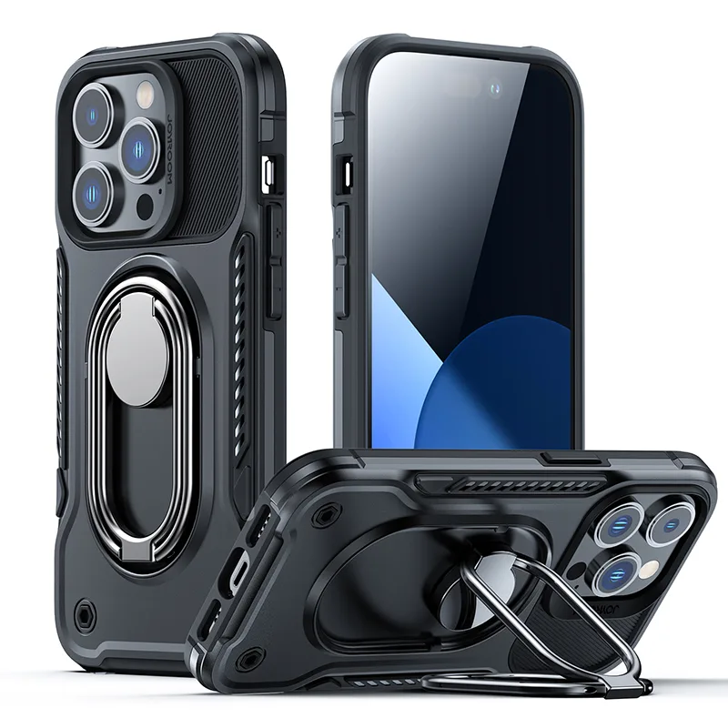 Pancierové puzdro Joyroom Dual Hinge pre iPhone 14 Pro so stojanom a držiakom prsteňa čierne