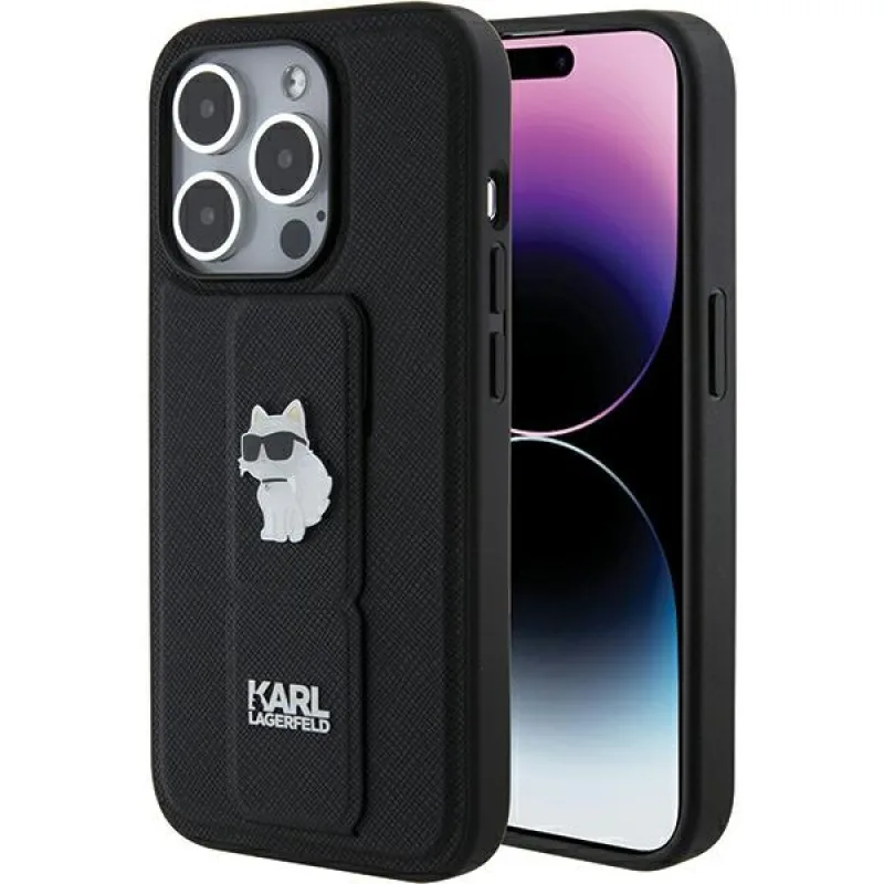 Obal Karl Lagerfeld Gripstand Saffiano Choupette Pins pre iPhone 15 Pro - čierny