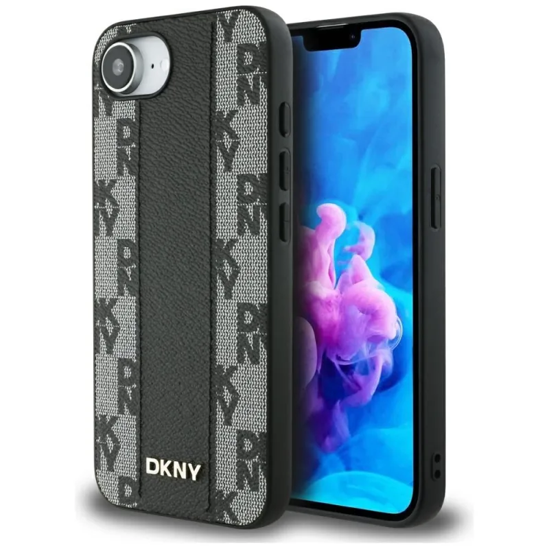 Kožené puzdro DKNY s kockovaným mono vzorom MagSafe na iPhone 16e – čierne