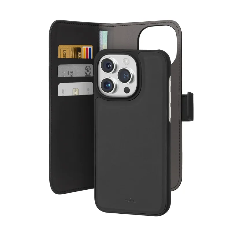 Puro Wallet Odnímateľné MagSafe 2v1 PU kožené puzdro s chlopňou a peňaženkou pre iPhone 15 Pro – čierne