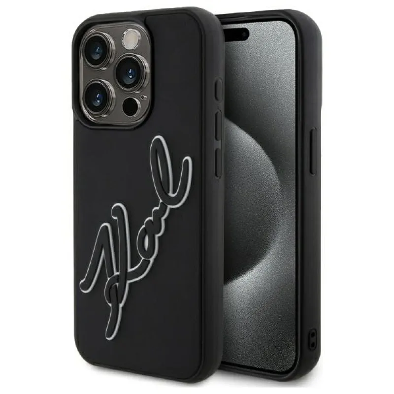 Karl Lagerfeld 3D gumené puzdro Signature pre iPhone 15 Pro – čierne
