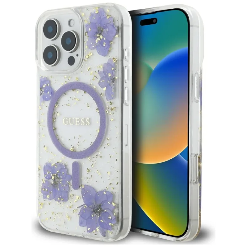 Puzdro Guess Resin Flowers MagSafe iPhone 16 Pro Max – fialové