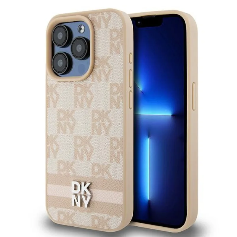 Púzdro DKNY Leather Checkered Mono Pattern & Printed Stripes pre iPhone 15 Pro Max - ružové