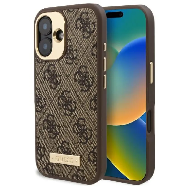Puzdro Guess 4G Logo Plate MagSafe iPhone 16 – hnedé