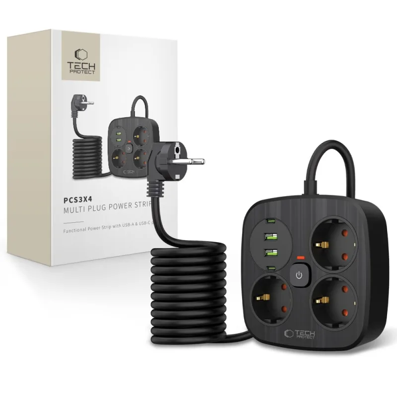 Tech-Protect PCS3X4 predlžovací kábel, 3 zásuvky, 2xUSB-A, 2xUSB-C 200 cm - čierny