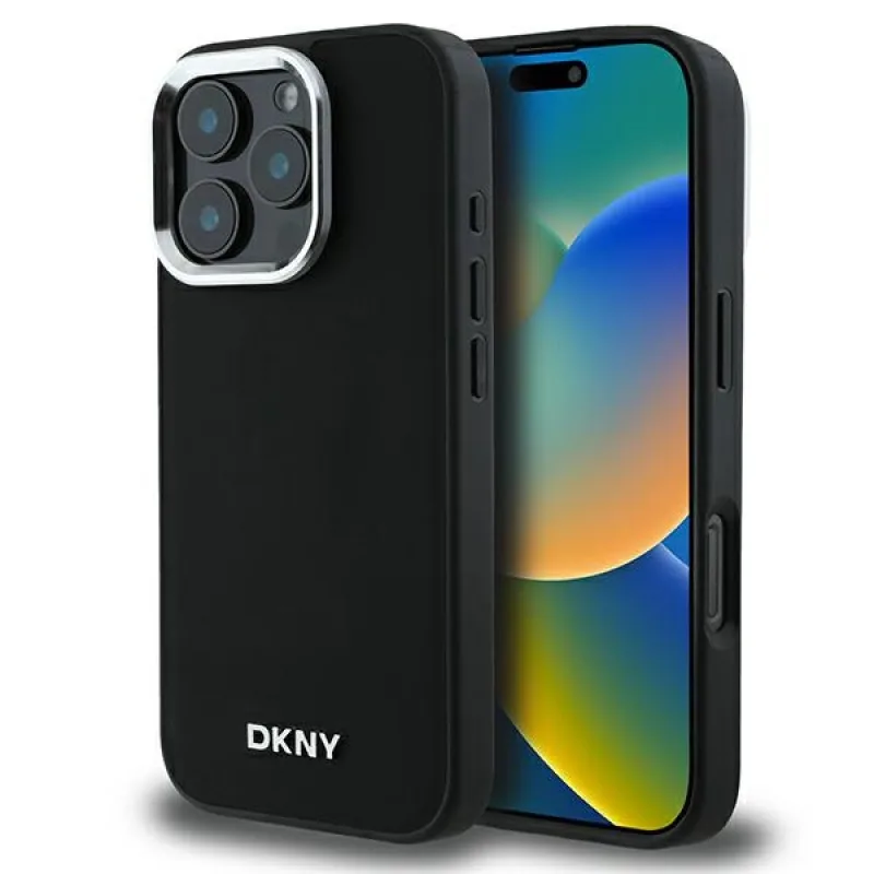 Puzdro DKNY Plain Silver Logo MagSafe iPhone 16 Pro – čierne