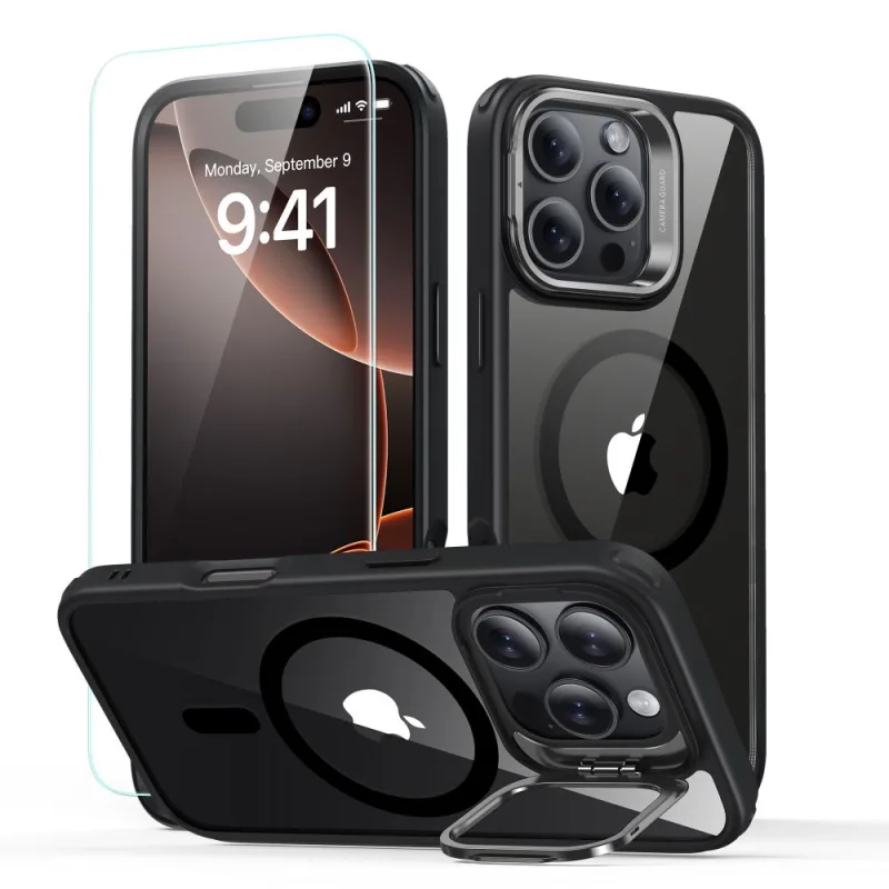 ESR Classic Hybrid Kickstand Puzdro Halolock MagSafe so stojanom + tvrdené sklo pre iPhone 16 Pro Max – číre s čiernym rámom