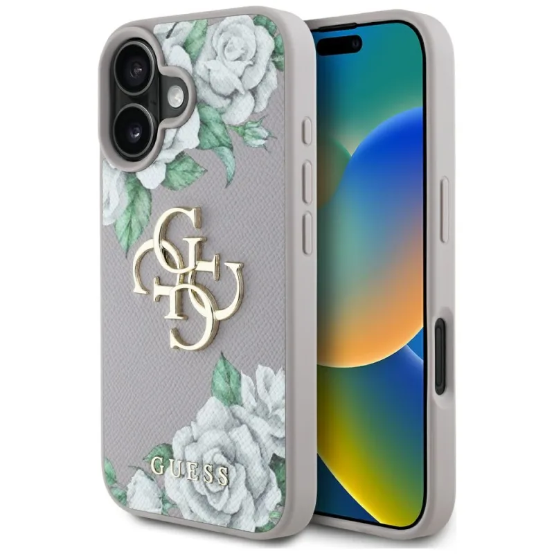 Puzdro Guess Grained Roses Big 4G Logo na iPhone 16 – fialové