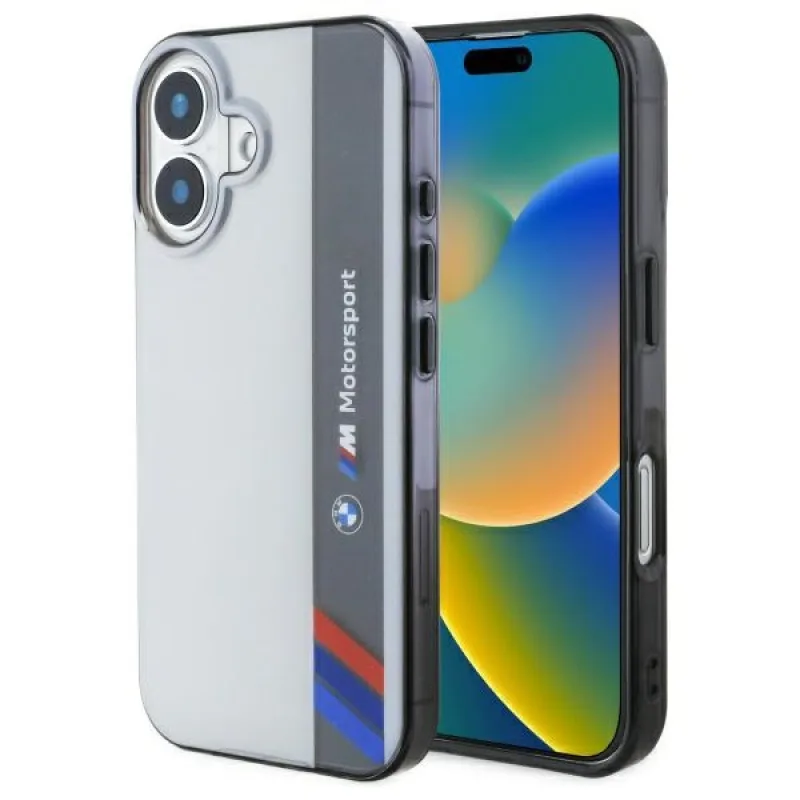 Puzdro BMW Motosport IML Vertical Stripe na iPhone 16 – šedé