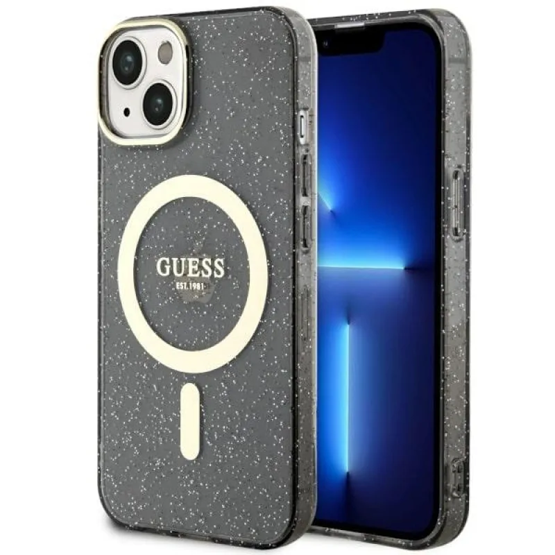 Guess Glitter Gold MagSafe puzdro pre iPhone 14 - čierne