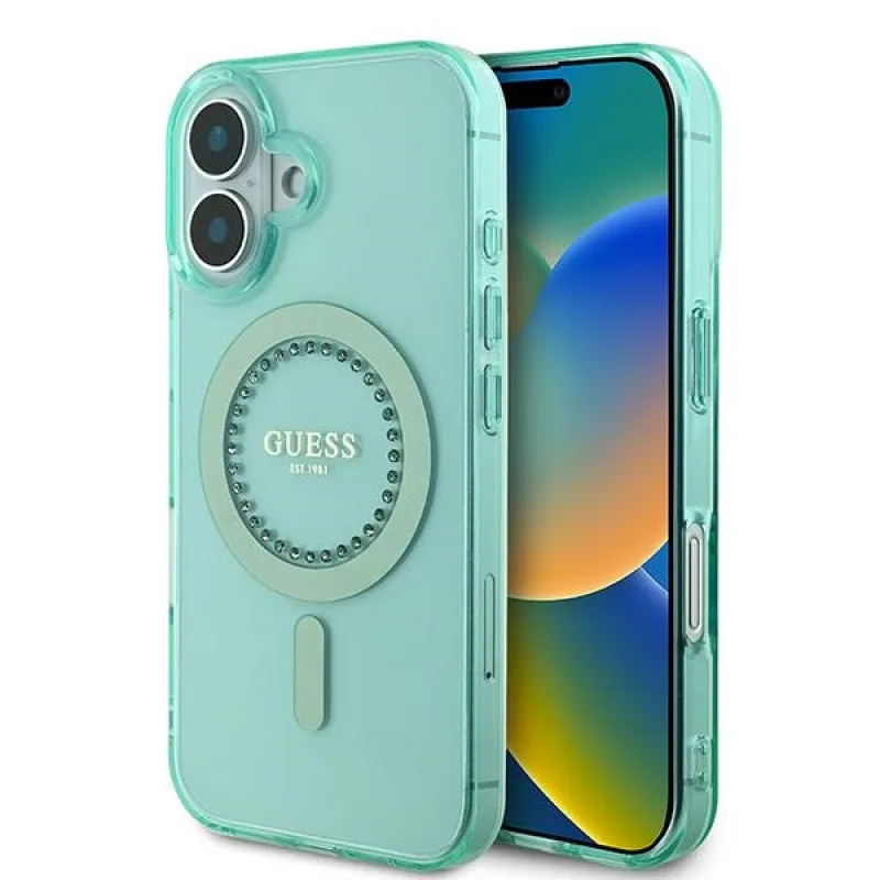Puzdro Guess IML Rhinestones MagSafe iPhone 16 Plus – zelené