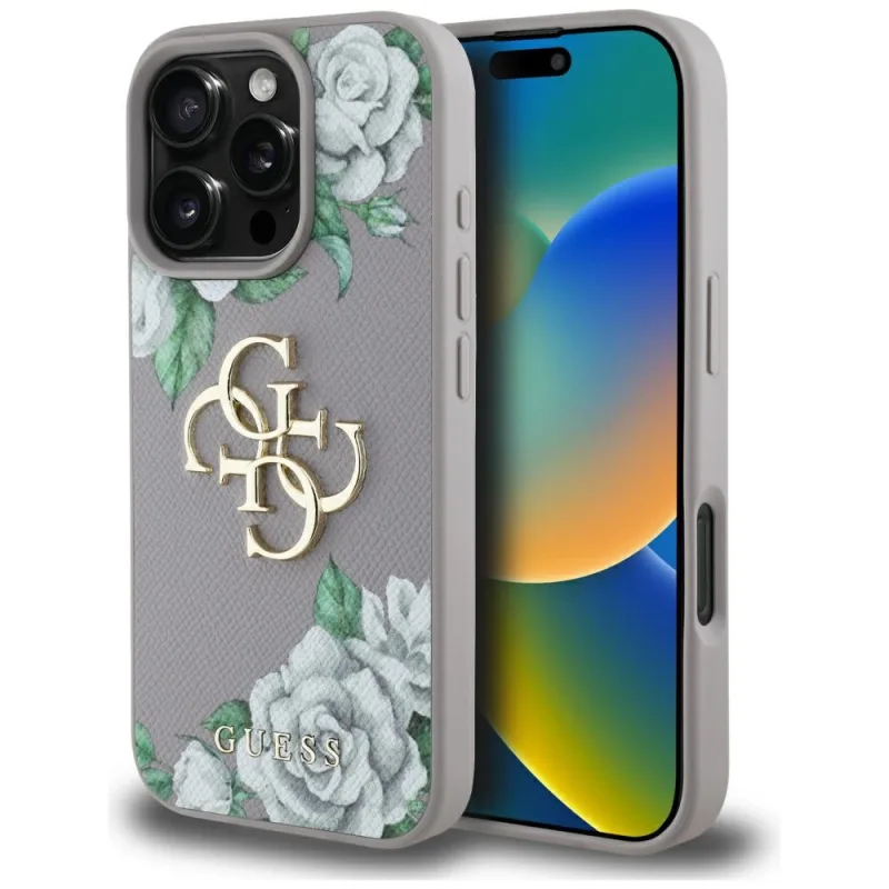Puzdro Guess Grained Roses Big 4G Logo iPhone 16 Pro Max – fialové