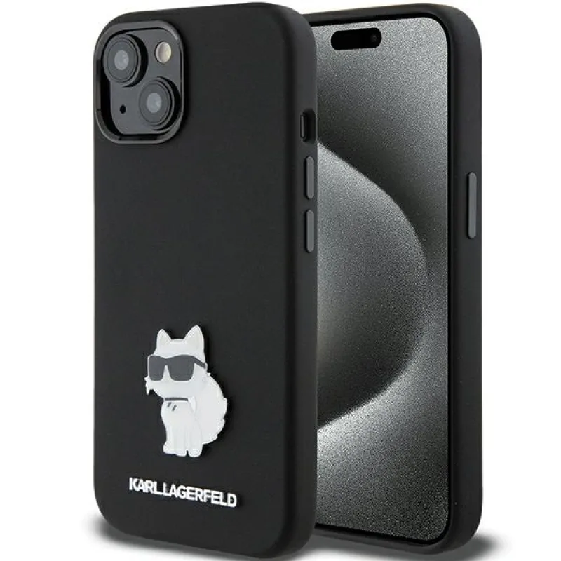 Púzdro Karl Lagerfeld Silicone Choupette Metal Pin pre iPhone 15 Plus / 14 Plus - čierne