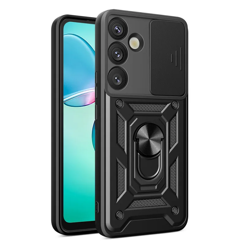 Hybridný Armor Camshield s krytom fotoaparátu a kovovým krúžkom pre Samsung Galaxy S25+ – čierny
