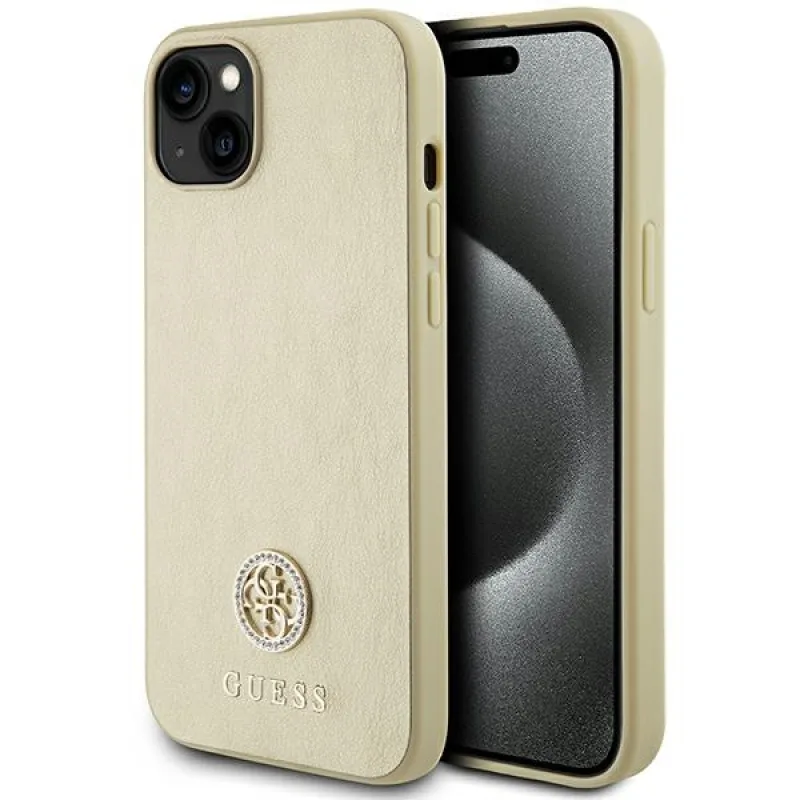 Guess Leather 4G Metal Logo Strass puzdro na iPhone 15 - zlaté