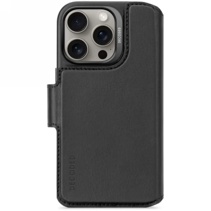 Dekódované kožené odnímateľné puzdro MagSafe Case s peňaženkou pre iPhone 16 Pro – čierne