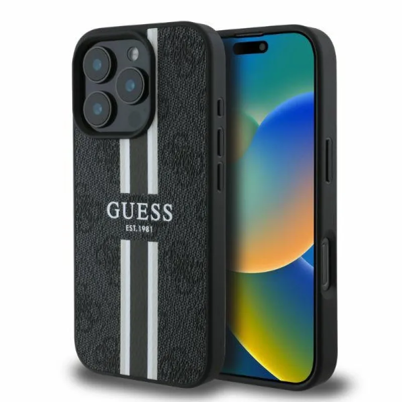 Guess 4G Printed Stripes MagSafe puzdro pre iPhone 16 Pro - čierne