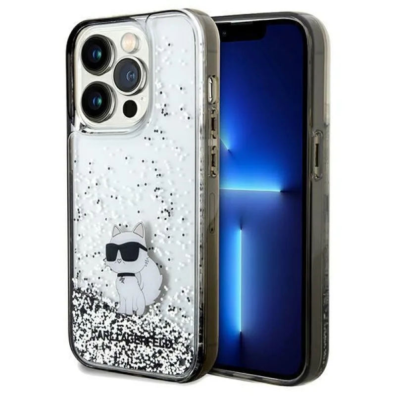 Puzdro Karl Lagerfeld Liquid Glitter Choupette pre iPhone 14 Pro - priehľadné