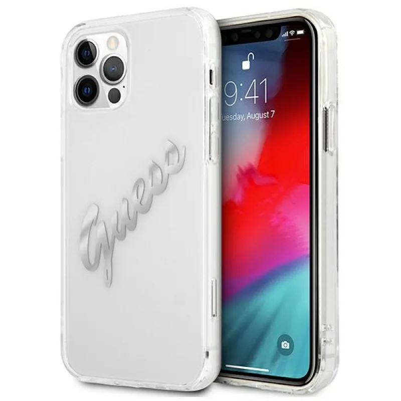 Guess GUHCP12LKTRSVSI iPhone 12 Pro Max 6,7" priehľadné pevné puzdro Vintage Script Silver
