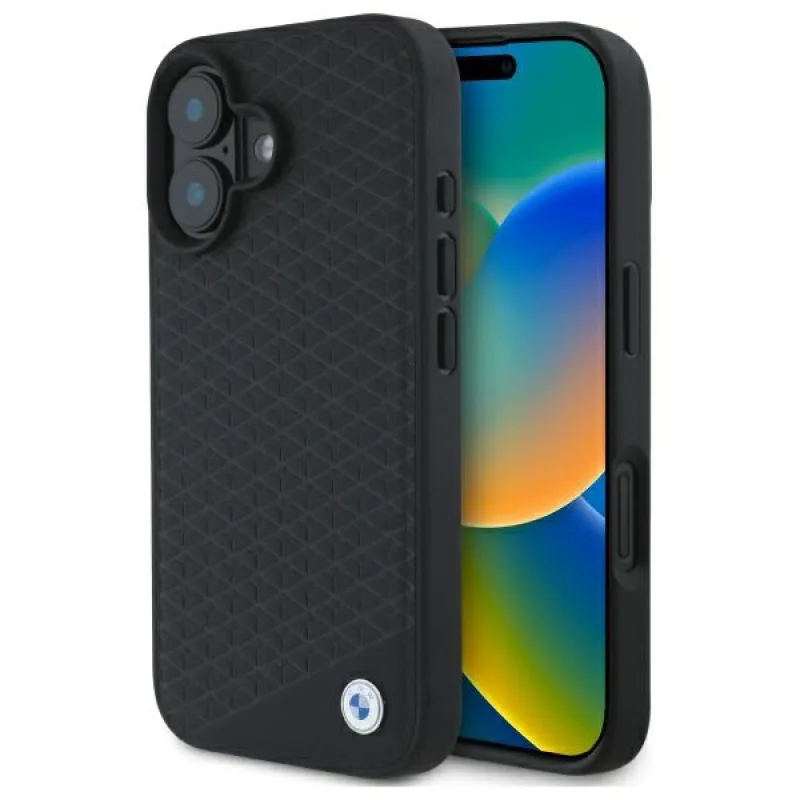 BMW Sign Leather Diamond Metal Logo MagSafe iPhone 16 Case – Black