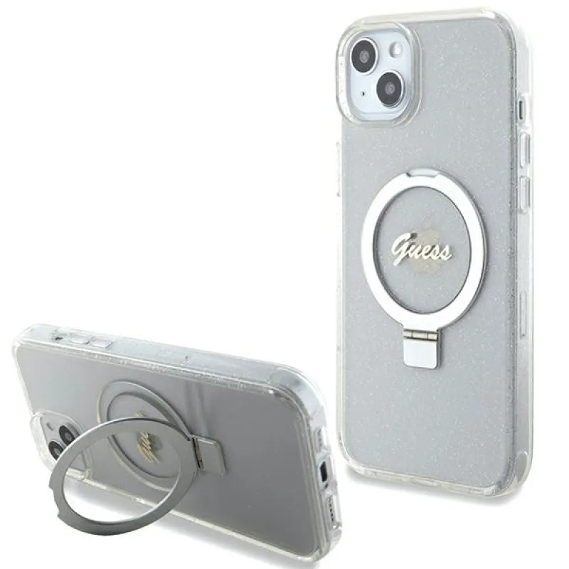 Guess GUHMP15MHRSGSD iPhone 15 Plus / 14 Plus 6,7" priehľadné/priehľadné pevné puzdro Ring Stand Script Glitter MagSafe