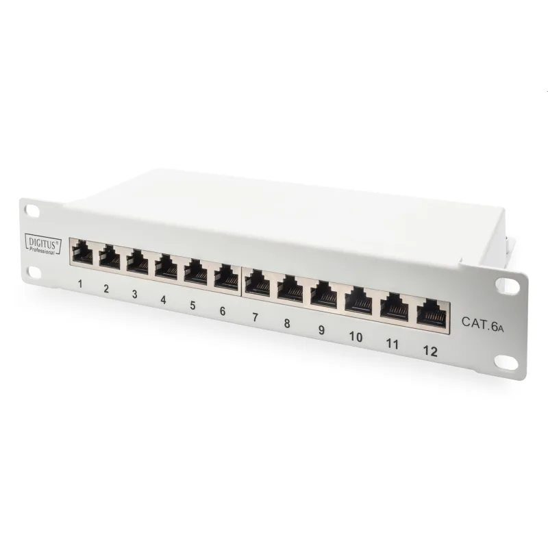 DIGITUS 10" patch panel 12port 1U Cat6A, STP, Krone LSA+, vyväz. lišta, sivý RAL7035