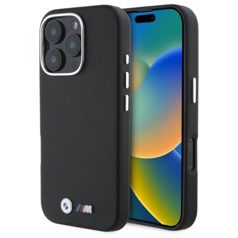 BMW M Edition Kevlar zabalené kovové puzdro iPhone 16 Pro Max – čierne