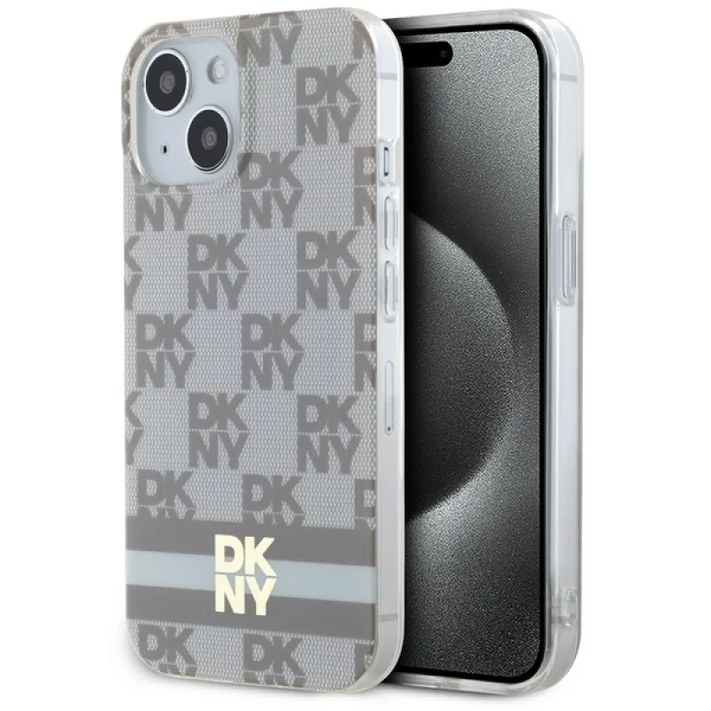 Obal MagSafe DKNY IML s kockovaným mono vzorom a tlačenými pruhmi pre iPhone 15 / 14 / 13 - béžový