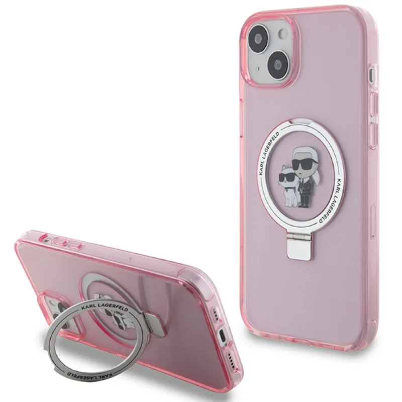 Karl Lagerfeld KLHMP15SHMRSKCP iPhone 15 6,1" ružové/ružové pevné puzdro Ring Stand Karl&Choupette MagSafe