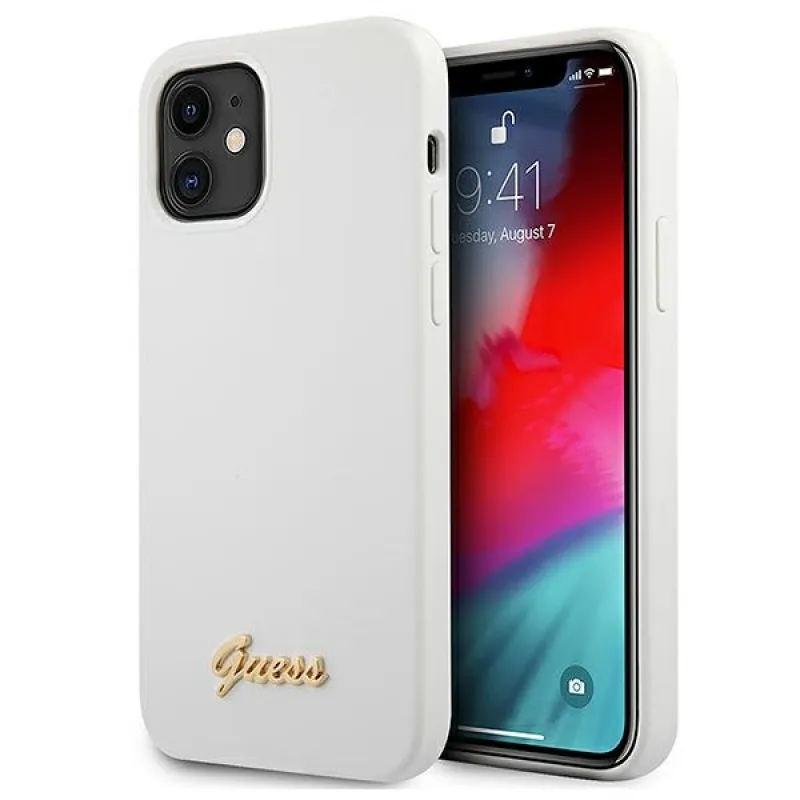 Guess GUHCP12SLSLMGWH iPhone 12 mini 5,4" bielo/biele pevné puzdro Metal Logo Script