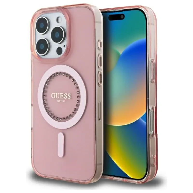 Puzdro Guess IML Rhinestones MagSafe iPhone 16 Pro – ružové