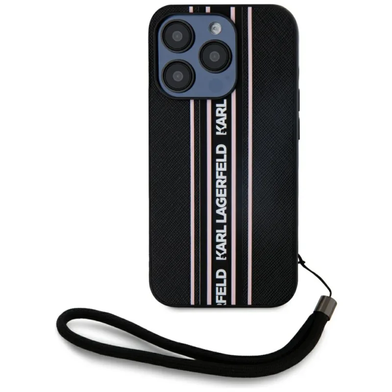 Puzdro Karl Lagerfeld Saffiano Athleisure Stripes Cord na iPhone 15 Pro – ružové