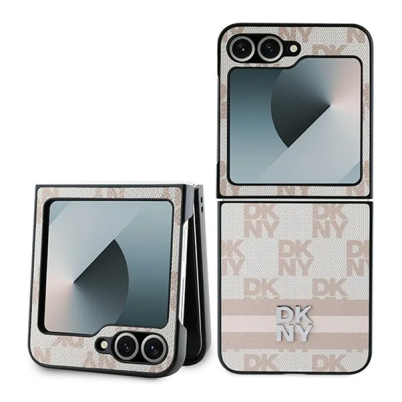 Puzdro DKNY s kockovaným vzorom s potlačou pruhov pre Samsung Galaxy Z Flip 6 – ružové