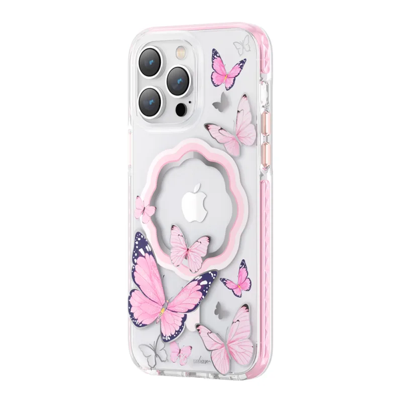 Magnetické puzdro Kingxbar Butterfly Series pre iPhone 14 Plus MagSafe puzdro s motýlikmi ružovej farby