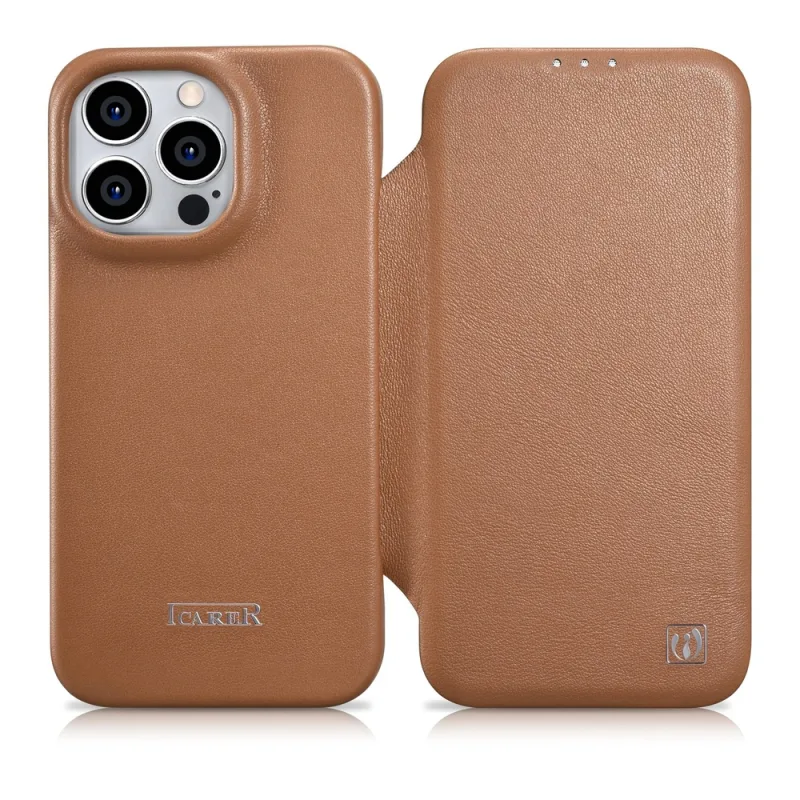 Kožené puzdro iCarer CE Premium Leather Folio Case iPhone 14 Pro Magnetic Flip Leather Folio Case MagSafe hnedé (WMI14220714-BN)