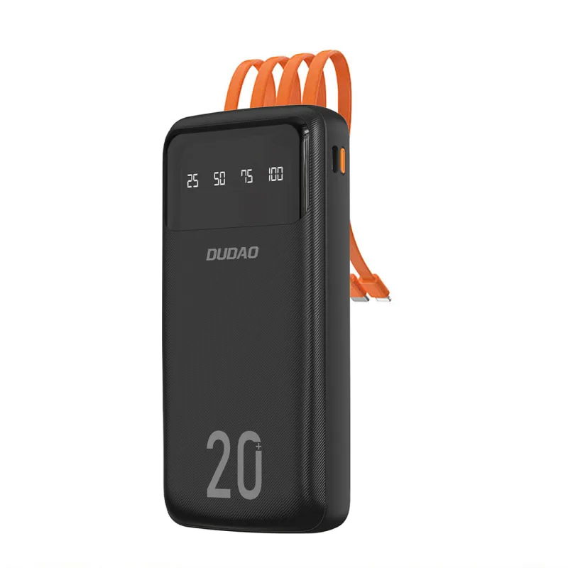 Dudao priestranná powerbanka s 3 vstavanými káblami 20000mAh USB Type C + micro USB + Lightning black (Dudao K6Pro +)