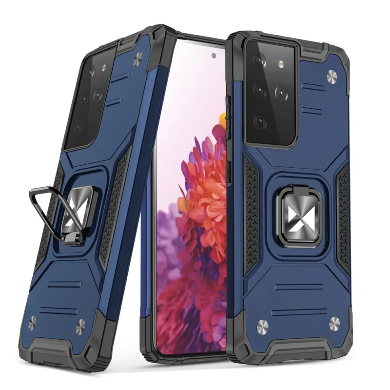 Pevný hybridný kryt puzdra Wozinsky Ring Armor + magnetický držiak pre Samsung Galaxy S22 Ultra blue