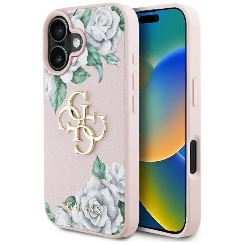 Guess Grained Roses Big 4G logo iPhone 16 case - pink