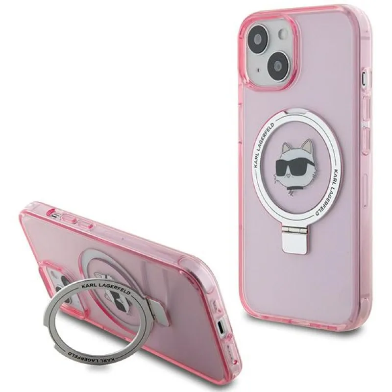 Karl Lagerfeld KLHMP15SHMRSCHP iPhone 15 6,1" ružovo-ružové pevné puzdro Ring Stand Choupette Head MagSafe