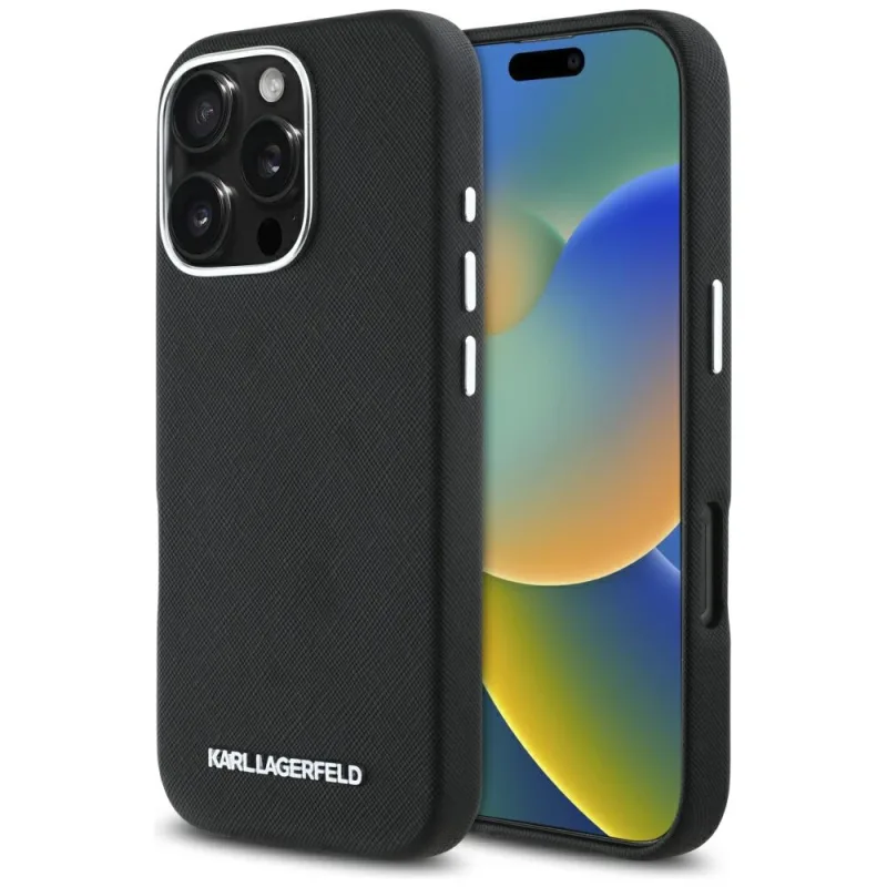 Karl Lagerfeld Saffiano celé zabalené predĺžené kovové puzdro MagSafe pre iPhone 16 Pro Max – čierne