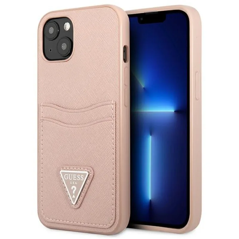 Guess GUHCP13SPSATPP iPhone 13 mini 5,4" ružovo-ružové pevné puzdro SaffianoTriangle Logo Cardslot