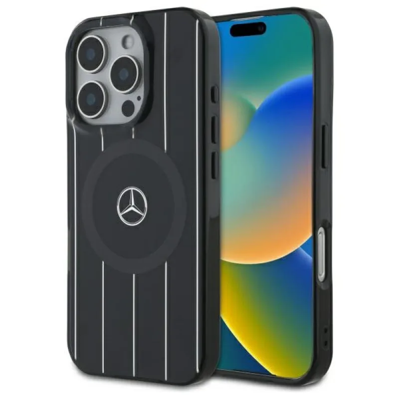 Puzdro Mercedes MB Double Layer Crossed Lines MagSafe iPhone 16 Pro – čierne