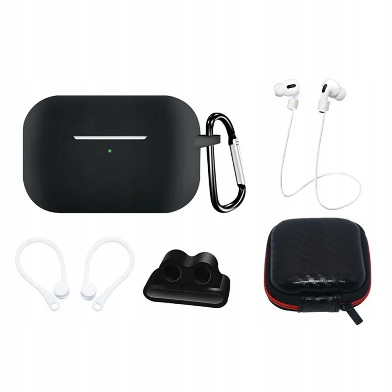 Sada silikónového puzdra pre AirPods Pro 2 / AirPods Pro 1 + puzdro / háčik na uši / remienok na krk / držiak remienka na hodinky / karabína - čierna