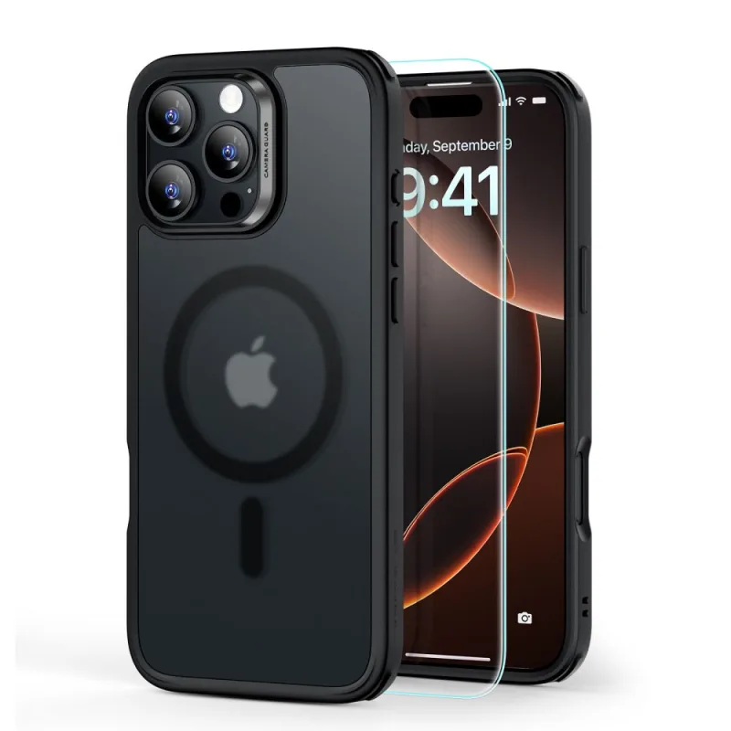 Sada puzdier ESR Classic Hybrid Halolock MagSafe + tvrdené sklo pre iPhone 16 Pro Max – polopriehľadné s čiernym rámom