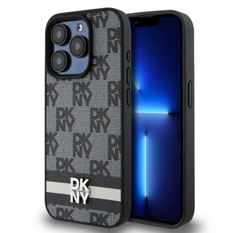 Kožené puzdro DKNY s kockovaným mono vzorom a tlačenými pruhmi pre iPhone 15 Pro Max – čierne