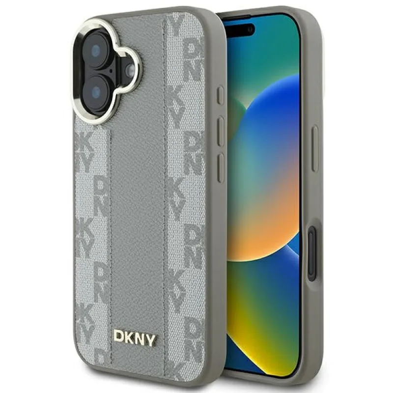 Puzdro na iPhone 16 Magsafe s kockovaným vzorom DKNY – béžové