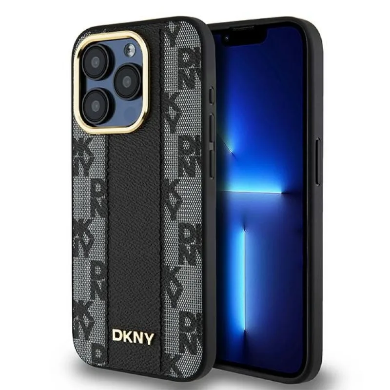 Kožené puzdro DKNY s kockovaným mono vzorom MagSafe iPhone 15 Pro Max – čierne