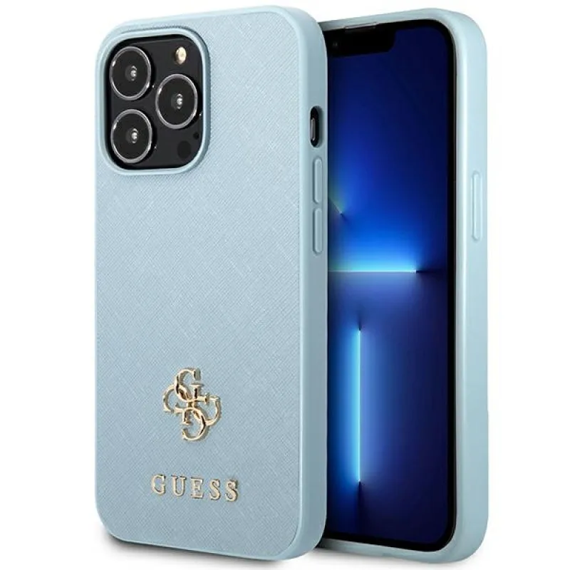 Guess Saffiano 4G puzdro s malým kovovým logom pre iPhone 13 Pro / 13 - modré