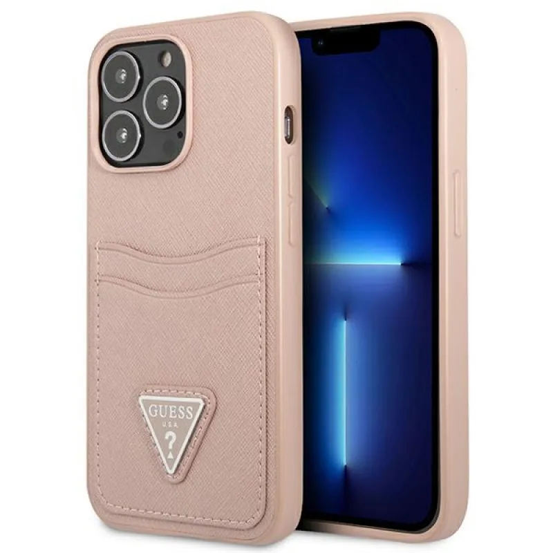 Guess GUHCP13LPSATPP iPhone 13 Pro / 13 6,1" ružovo-ružové pevné puzdro SaffianoTriangle Logo Card Slot