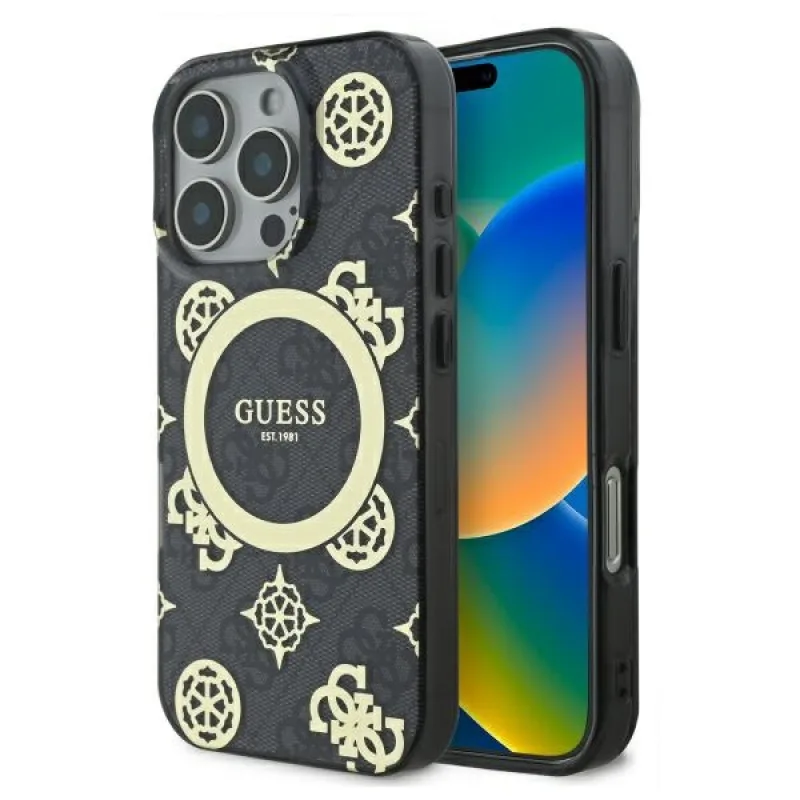 Puzdro Guess IML Peony na 4G pozadí MagSafe pre iPhone 16 Pro Max – čierne